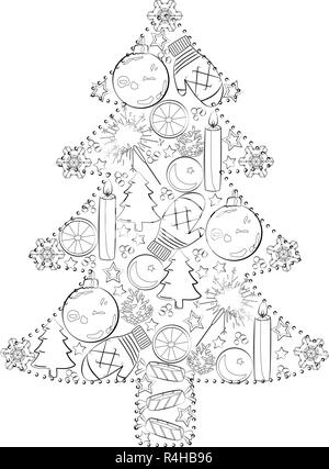 Weihnachtsbaum von Spielzeug, schwarze und weiße Vector Illustration Stock Vektor