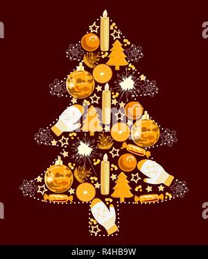 Weihnachtsbaum von Spielzeug, Gelb und Rot, Vektor, Abbildung Stock Vektor