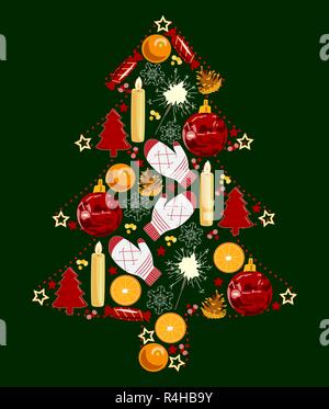 Weihnachtsbaum von Spielzeug, Rot, Gelb und Grün, Vector Illustration Stock Vektor