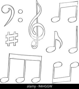 Musik Zeichen. Hinweise und Symbole auf weißem Hintergrund. Hand Skizze gezeichnet Stock Vektor