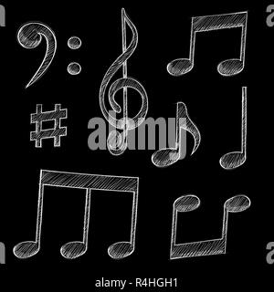Musik Zeichen. Hinweise und Symbole auf schwarzem Hintergrund Stock Vektor