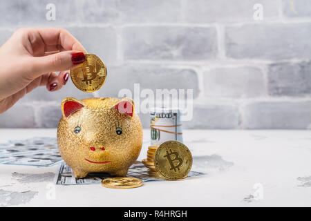 Bitcoins, Währung und piggy Bank Stockfoto