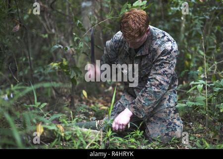 Us Marine Corps Cpl. Trey Whitaker Schnitte Bambus im Dschungel überleben Ausbildung während der Übung KAMANDAG 2 in Ternate, Cavite, Philippinen, Oktober 2, 2018. Whitaker ein Perry County, Kentucky Eingeborener, ist zu EOTG, 25 Echo Firma zugewiesen. Stockfoto