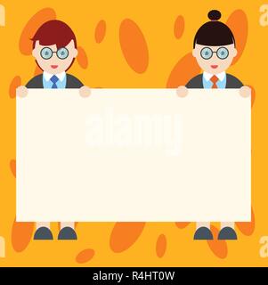 Design Business Konzept leere Raum modernen abstrakten Hintergrund. Männer und Frauen in Uniform stehend Holding leeres Plakat Banner Text Raum Stock Vektor
