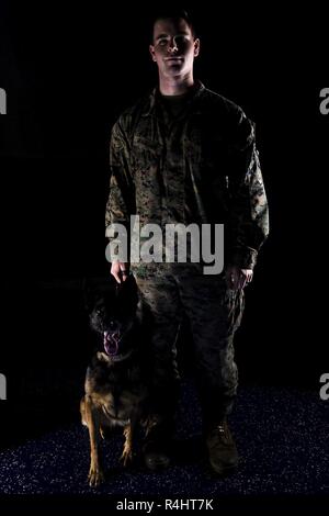 Cpl. Dustin Johnson, ein Militär Hundeführer mit 31 Marine Expeditionary Unit, steht mit seinem Partner, Ziva, an Bord der Amphibisches Schiff USS Wasp (LL 1), 1. Oktober 2018. Johnson, ein Eingeborener von Freiheit, Mississippi, eingetragen als miltary Polizist im März 2015. MWD-Handler unterstützt die 31. MEU während der Ausbildung in Garnison in Okinawa, Japan und während der Fahrt an Bord der Amphibisches Schiff USS Wasp (LHD1). MWD-Handler haben Marine Corps amphibische Operationen unterstützt seit dem Zweiten Weltkrieg - ihre Partner, der beste Freund des Menschen, unzählige Leben im Laufe der Jahrzehnte über den gespeichert haben Stockfoto