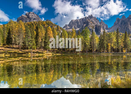 Herbst am Lago Antorno unter Cadini Zinnen, Dolomiten, Südtirol Stockfoto