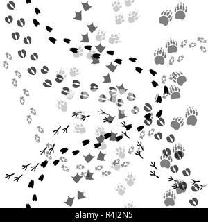Viele Tier- und Vogelarten Tracestufen schwarze Abdrücke, nahtlose Muster auf weißem Stock Vektor