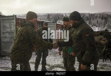 Us Marine Corps Kapitän Michael A. Mau, mit 2 Air Naval Geschützfeuer Liaison Unternehmen, II Marine Expeditionary Force Information Group, stellt sich vor den deutschen Amtskollegen aus den 232 deutschen Berg Infanteriebataillon während der Übung Trident Zeitpunkt 2018 Haltdalen, Norwegen, 27.10.2018. Trident Stelle 2018 verbessert die USA und die NATO-Verbündeten und Fähigkeiten der Partner zur Zusammenarbeit militärische Operationen unter schwierigen Bedingungen durchzuführen. Stockfoto