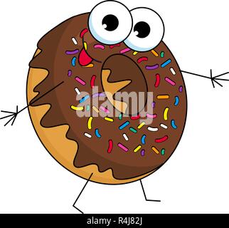 Lustige donut Charakter mit Schokolade, Cartoon Stil Vector Illustration auf weißem Hintergrund. Smiley donut Charakter mit Augen, Hände und Beine Stock Vektor