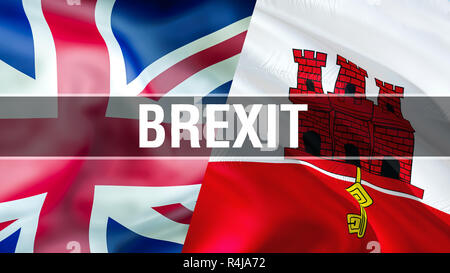 Gibraltar und UK Fahnen. Brexit 3D Wehende Flagge Design. Gibraltar britische Flagge, Bilder, Wallpaper, Bild. Gibraltar britische Hoheitsgebiet Konflikt, Handel Konzept. Th Stockfoto