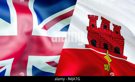 Gibraltar und UK Fahnen. Brexit 3D Wehende Flagge Design. Gibraltar britische Flagge, Bilder, Wallpaper, Bild. Gibraltar britische Hoheitsgebiet Konflikt, Handel Konzept. Th Stockfoto