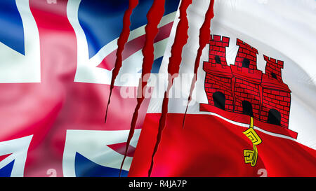 Gibraltar und UK Fahnen. Brexit 3D Wehende Flagge Design. Gibraltar britische Flagge, Bilder, Wallpaper, Bild. Gibraltar britische Hoheitsgebiet Konflikt, Handel Konzept. Th Stockfoto