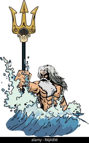 Abbildung: Meer Gott Neptun oder Poseidon, kommt aus dem Meer, und in der Hand einen Dreizack. Stock Vektor
