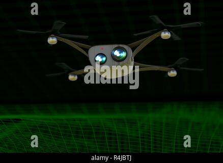 Realistische Hubschrauber mit Kameras fliegen über virtuelle Landschaft 3d illustration Stockfoto