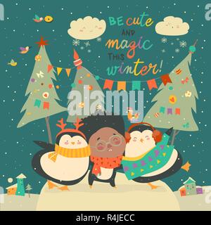 Cute cartoon Penguins Freunde huggin african-american Boy Stock Vektor