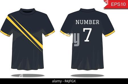Sport Herren-T-Shirt mit kurzen Ärmel in Vorder- und Rückansicht. Schwarz mit gelben Streifen und bearbeitbaren Farbgestaltung. Mock up des Sports Wear Konzept. Spo Stock Vektor