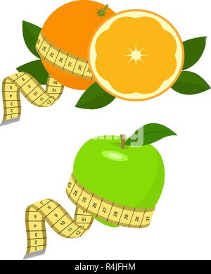 Grüner Apfel und Orange mit Messung. Vector Illustration auf Weiß. Gesunde Ernährung Konzept Stock Vektor