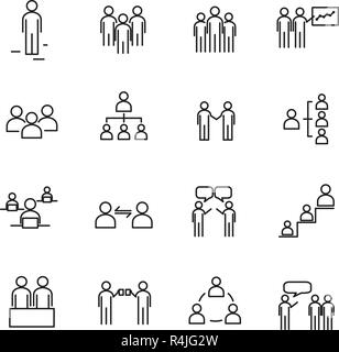 Die arbeitenden Menschen und die Organisation thin line Icon Set Vektor. Zeichen und Symbol Konzept. Lifestyle im Büro Thema. Weiß isoliert Hintergrund. Abbildung: Stock Vektor