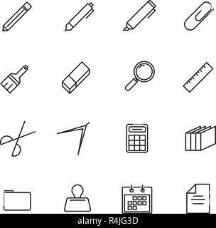 Schreibwaren thin line Icon Set Vektor. Zurück zu Schule und Unterricht von Studenten. Dünne Linie und Kontur Symbol Thema. Weiß isoliert Hintergrund. Stock Vektor