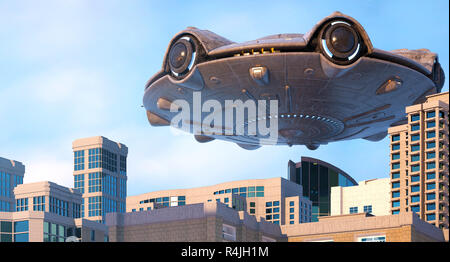 UFO Fliegen über der Stadt. 3D-Darstellung Stockfoto