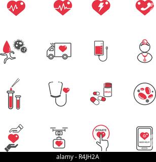 Herz medical care Symbole. Healthcare und Technologie Konzept. Notfall- und Blutspenden Konzept. Abbildung: Vektor Sammlung eingestellt. Zeichen und Symbol Stock Vektor