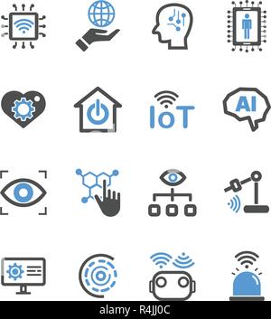 Internet der Dinge und der künstlichen Intelligenz Symbole. Roboter und industrielle Technologie Konzept. Glyphe und umreißt Schlaganfall. Zeichen und Symbol Thema. Vect Stock Vektor