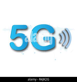 5G Cellular mobile Kommunikation blaues Logo Hintergrund mit globalen Netzwerk line link Getriebe. Digitale Transformation und Technologie Konzept. Stock Vektor