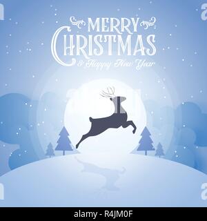 Frohe Weihnachten verschneite Nacht und Happy New Year Festival Ende Jahr party silhouette Rotwild und blauer Schrift, Kalligraphie, Dekoration Grußkarte abstrakte Wal Stock Vektor
