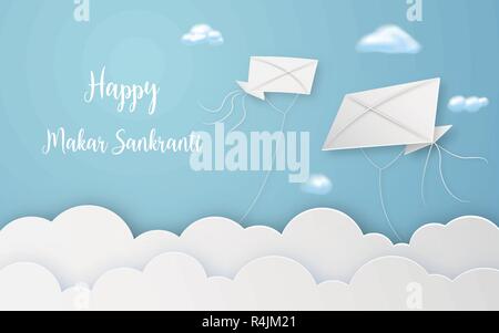 Happy Makar Sankranti Festival mit fliegenden Drachen in der Luft digitale Handwerk. Religiöse und Feier festival Konzept. Papier Kunst und papercraft Grafik Stock Vektor