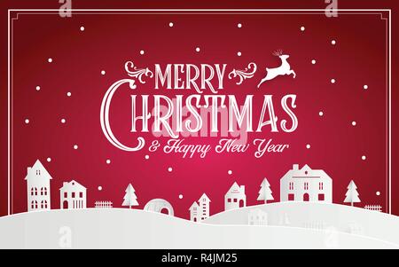 Frohe Weihnachten und guten Rutsch ins Neue Jahr 2019 von Snowy home Stadt mit Typografie font Nachricht. Rot Rosa Papier Kunst und digitale Handwerk Illustration vektor Cele Stock Vektor