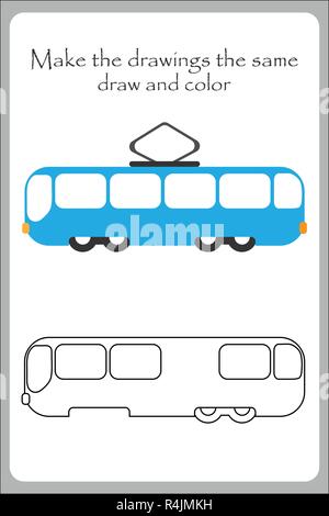 Straßenbahn im Comic-stil, machen die Zeichnungen der Gleichen, Färbung, Bildung Papier Spiel für die Entwicklung der Kinder, Kinder im Vorschulalter Aktivität, printa Stock Vektor
