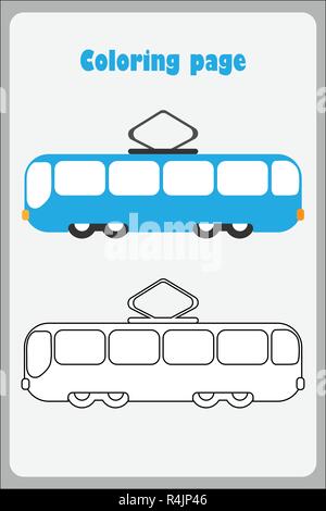 Straßenbahn im Comic-stil, Färbung, Bildung Papier Spiel für die Entwicklung der Kinder, Kinder im Vorschulalter Aktivität, bedruckbar Arbeitsblatt, Vektor Stock Vektor
