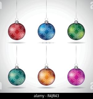 Vector Abbildung: Weihnachtskugeln mit runden Labyrinth Design und Silber String isoliert auf weißem Hintergrund Stock Vektor