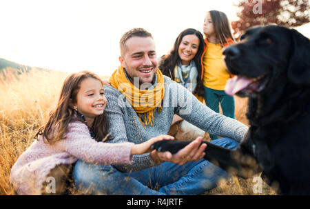 Eine junge Familie mit zwei kleinen Kindern und einem Hund auf einer Wiese im Herbst Natur. Stockfoto