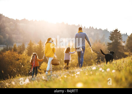 Eine Ansicht der Rückseite des Familie mit zwei kleinen Kindern und einem Hund auf einem Spaziergang im Herbst Natur. Stockfoto