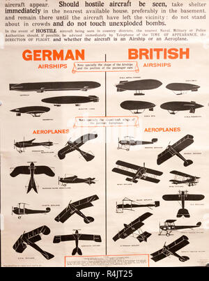 Identifikation Plakat für Britische und deutsche Armee militärische Flugzeuge und Luftschiffe des Ersten Weltkriegs, Radstock Museum, Somerset, England, Großbritannien Stockfoto