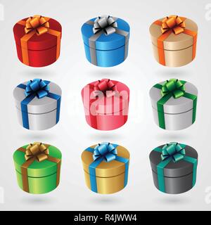 Vector Illustration von Runden Geschenkboxen mit glänzenden Bänder - Set 3 auf weißem Hintergrund Stock Vektor