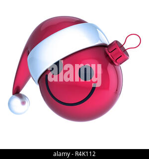 Emoticon Christmas Ball lächelndes Gesicht rot. Silvester Tag weihnachtskugel Santa Claus hat cartoon Dekoration niedlich. Fröhliche lustige Person lachen Charakter Stockfoto