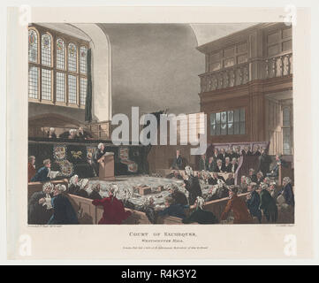 Der Schatzkanzler, Westminster Hall (Mikrokosmos von London, Platte 25). Artist: entworfen und von Thomas Rowlandson (Briten, London 1757-1827 London) geätzt; konzipiert und von Auguste Charles Pugin (British (Frankreich) geboren, Paris 1768/69-1832 London) geätzt, Aquatinta von Joseph Konstantin Stadler (Deutsch, aktive London, 1780-1822). Maße: Blatt: 9 3/4 x 11 7/8 in. (24,8 × 30,1 cm) Platte: 9 3/8 x 11 3/8 in. (23,8 × 28,9 cm). Herausgeber: Rudolph Ackermann, London (1794-1829). Serie/Portfolio: Mikrokosmos von London. Datum: 1808. Museum: Metropolitan Museum of Art, New York, USA. Stockfoto