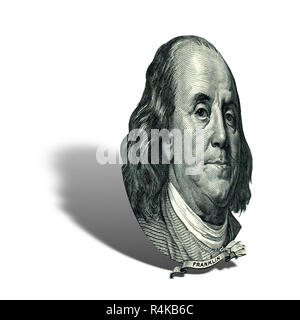 Portrait von US-Staatsmann, Erfinder, Diplomat und Benjamin Franklin, wie er schaut, auf hundert Dollar bill Vorderseite. Foto in einem Winkel von 45 Grad. Stockfoto