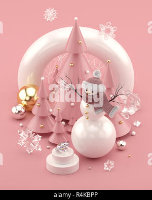 Rose Gold 3D-Abbildung mit Schneemann und geschmückten Weihnachtsbaum. Stockfoto