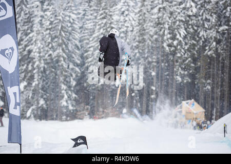 BUKOVEL, UKRAINE-24. März, 2018: Extreme Sport Wettbewerb im Winter Ski Park. Junge Athleten konkurrieren im stunt Ski fahren. Stockfoto