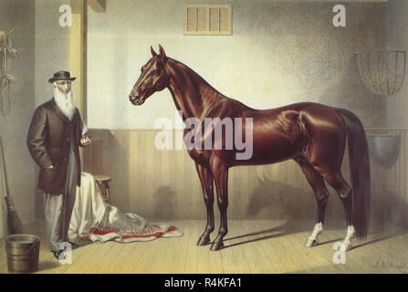 Pferd und Mensch im Stall, Nathaniel Currier & Ives, Marmelade. Stockfoto