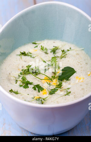 Frischer Kerbel Suppe in einer Schüssel auf Holz Stockfoto