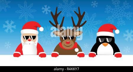 Süße rentier Santa Claus und Pinguin cartoon mit Sonnenbrille auf verschneiten Winter Hintergrund für Weihnachten Vektor-illustration EPS 10. Stock Vektor
