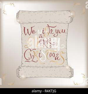 Weihnachten Pinsel Schriftzug in Form eines alten Blättern platziert und zu sagen: Wir wünschen Ihnen ein frohes Weihnachtsfest. Stock Vektor