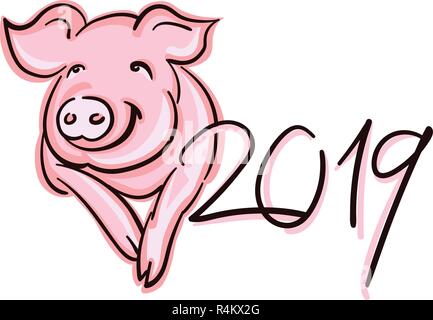 Schwein 2019 Emblem. Vektor Weihnachten Grußkarte Vorlage. Frohe