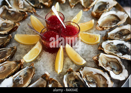 Austern in Eis, mit Soße und Zitrone. Restaurant ernähren. closeup Stockfoto