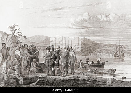 1609, Henry Hudson bietet Alkohol zu den Indianern auf dem North River, die jetzt als die Hudson River bekannt. Henry Hudson, C. 1565 - 1611. Englisch Sea Explorer und Navigator. Stockfoto