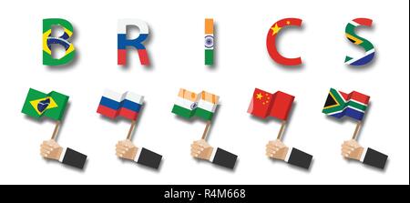 BRICS. Vereinigung der 5 Länder (Brasilien, Russland und Indien. China, Südafrika). Geschäftsmann Hand halten und Wave Mast auf Weiß isoliert Bac Stock Vektor